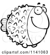 Cartoon Clipart Of A Black And White Happy Blowfish Vector Outlined Coloring Page