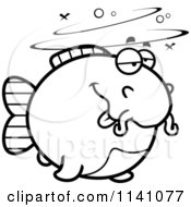 Cartoon Clipart Of A Black And White Drunk Chubby Catfish Vector Outlined Coloring Page