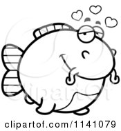 Cartoon Clipart Of A Black And White Amorous Chubby Catfish Vector Outlined Coloring Page