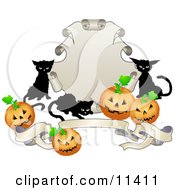 Three Black Cats And Halloween Pumpkins Around A Shield And Banner