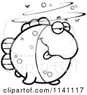 Cartoon Clipart Of A Black And White Drunk Fish Vector Outlined Coloring Page