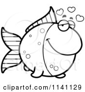 Cartoon Clipart Of A Black And White Amorous Goldfish Vector Outlined Coloring Page by Cory Thoman