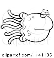 Cartoon Clipart Of A Black And White Bored Jellyfish Vector Outlined Coloring Page