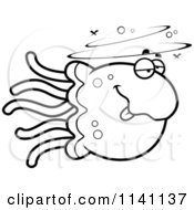 Cartoon Clipart Of A Black And White Drunk Jellyfish Vector Outlined Coloring Page
