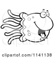 Cartoon Clipart Of A Black And White Hungry Jellyfish Vector Outlined Coloring Page