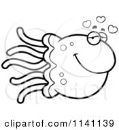 Cartoon Clipart Of A Black And White Amorous Jellyfish Vector Outlined Coloring Page