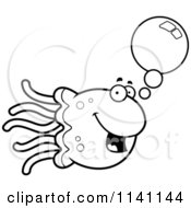 Cartoon Clipart Of A Black And White Talking Jellyfish Vector Outlined Coloring Page
