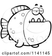 Cartoon Clipart Of A Black And White Bored Piranha Fish Vector Outlined Coloring Page