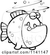 Cartoon Clipart Of A Black And White Drunk Piranha Fish Vector Outlined Coloring Page