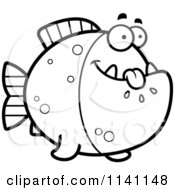 Cartoon Clipart Of A Black And White Hungry Piranha Fish Vector Outlined Coloring Page