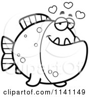 Cartoon Clipart Of A Black And White Piranha Fish In Love Vector Outlined Coloring Page
