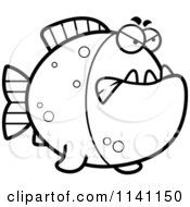 Cartoon Clipart Of A Black And White Mad Piranha Fish Vector Outlined Coloring Page