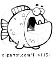 Cartoon Clipart Of A Black And White Scared Piranha Fish Vector Outlined Coloring Page