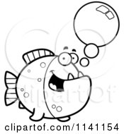Cartoon Clipart Of A Black And White Talking Piranha Fish Vector Outlined Coloring Page