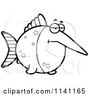 Cartoon Clipart Of A Black And White Depressed Swordfish Vector Outlined Coloring Page