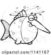 Cartoon Clipart Of A Black And White Drunk Swordfish Vector Outlined Coloring Page