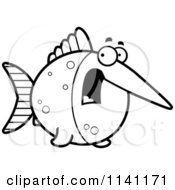 Cartoon Clipart Of A Black And White Scared Swordfish Vector Outlined Coloring Page