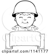 Poster, Art Print Of Black And White Happy Army Boy Over A Blank Banner