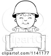 Cartoon Clipart Of A Black And White Happy Army Boy Over A Blank Banner Vector Outlined Coloring Page