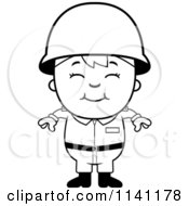 Cartoon Clipart Of A Black And White Happy Army Boy Vector Outlined Coloring Page
