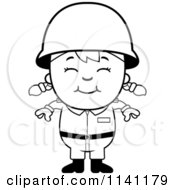 Cartoon Clipart Of A Black And White Happy Army Girl Vector Outlined Coloring Page