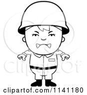 Cartoon Clipart Of A Black And White Angry Army Boy Over A Blank Banner Vector Outlined Coloring Page