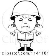 Cartoon Clipart Of A Black And White Angry Army Girl Vector Outlined Coloring Page