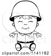 Cartoon Clipart Of A Black And White Happy Army Boy Sitting Vector Outlined Coloring Page