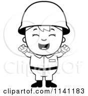 Cartoon Clipart Of A Black And White Happy Army Boy Cheering Vector Outlined Coloring Page