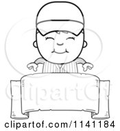 Cartoon Clipart Of A Black And White Happy Baseball Boy Over A Blank Banner Vector Outlined Coloring Page