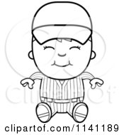 Cartoon Clipart Of A Black And White Happy Baseball Boy Sitting Vector Outlined Coloring Page