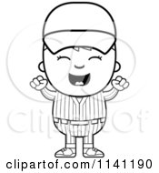 Cartoon Clipart Of A Black And White Happy Baseball Boy Cheering Vector Outlined Coloring Page