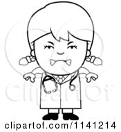 Cartoon Clipart Of A Black And White Angry Doctor Or Veterinarian Girl Vector Outlined Coloring Page
