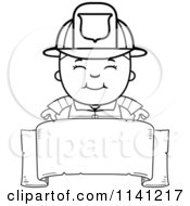 Poster, Art Print Of Black And White Happy Fire Fighter Boy Over A Blank Banner