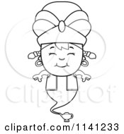 Cartoon Clipart Of A Black And White Happy Genie Girl Vector Outlined Coloring Page