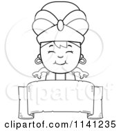 Cartoon Clipart Of A Black And White Happy Genie Boy Over A Banner Sign Vector Outlined Coloring Page