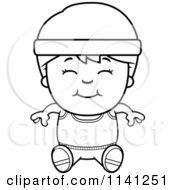 Cartoon Clipart Of A Black And White Happy Fitness Gym Boy Sitting Vector Outlined Coloring Page