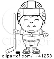 Cartoon Clipart Of A Black And White Happy Hockey Boy Vector Outlined Coloring Page