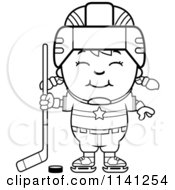 Cartoon Clipart Of A Black And White Happy Hockey Girl Vector Outlined Coloring Page