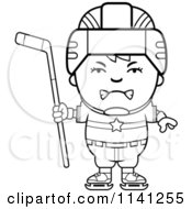 Cartoon Clipart Of A Black And White Angry Hockey Boy Vector Outlined Coloring Page