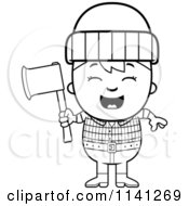 Cartoon Clipart Of A Black And White Happy Lumberjack Boy Holding An Axe Vector Outlined Coloring Page