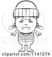 Cartoon Clipart Of A Black And White Angry Lumberjack Girl Vector Outlined Coloring Page