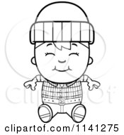 Cartoon Clipart Of A Black And White Happy Lumberjack Boy Sitting Vector Outlined Coloring Page