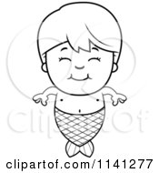 Cartoon Clipart Of A Black And White Happy Mermaid Boy Vector Outlined Coloring Page