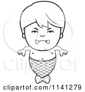 Cartoon Clipart Of A Black And White Angry Mermaid Boy Vector Outlined Coloring Page