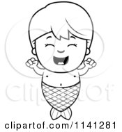 Cartoon Clipart Of A Black And White Happy Mermaid Boy Cheering Vector Outlined Coloring Page by Cory Thoman