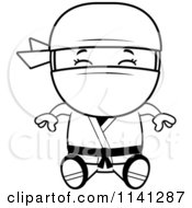 Cartoon Clipart Of A Black And White Happy Ninja Boy Sitting Vector Outlined Coloring Page