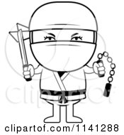 Cartoon Clipart Of A Black And White Ninja Boy With Weapons Vector Outlined Coloring Page