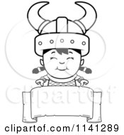 Cartoon Clipart Of A Black And White Happy Ogre Viking Girl Over A Banner Sign Vector Outlined Coloring Page