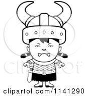 Cartoon Clipart Of A Black And White Angry Ogre Viking Girl Vector Outlined Coloring Page